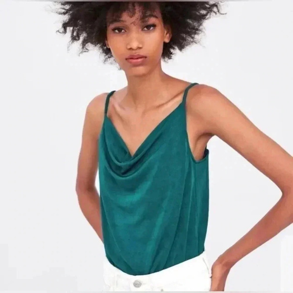 ZARA dark green shimmer cowl neck tank bodysuit size medium - Picture 1 of 6